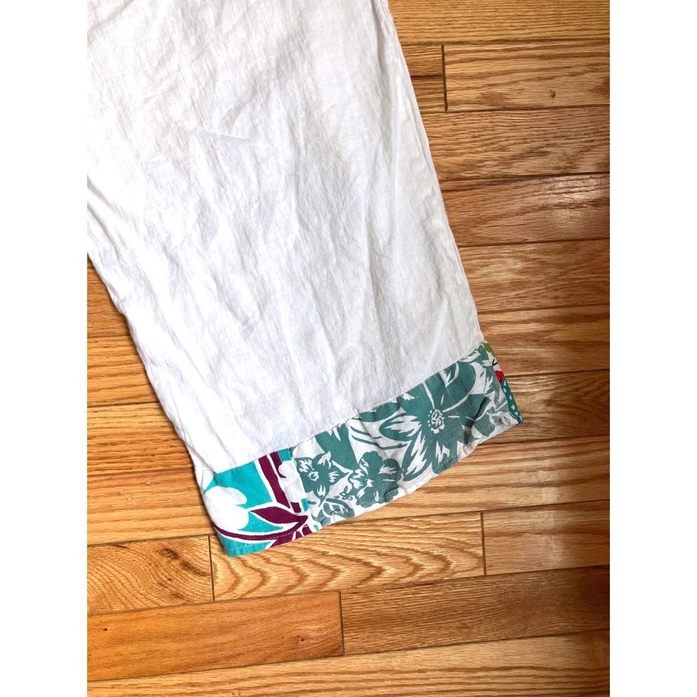 Home Frocks White 100% Linen Wide Leg Crop Pants L Floral Patchwork Trim - Picture 7 of 11